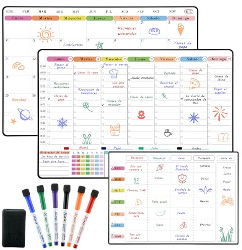 POPRUN Pizarra Calendario Magnetico Nevera, Magnetica Planificador Mensual+Organizador Semanal+Planificación de Menú, Pizarra Calendario Refrigerador Iman Borrables en Seco, 3 Piezas - en Español