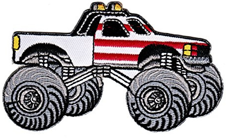 Monstertruck Weiß Aufnäher zum aufbügeln oder aufnähen Bügelbild Auto Fahrzeug Truck Pickup Aufbügler für Kleidung gestickter Bügelflicken Applikation Patch Größe 9,8 x 5,8 cm