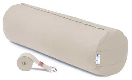 Yogan Yoga-Nackenrolle mit Yoga-Gurt/Gurt, Füllung aus natürlicher Buchweizenschale, Außenbezug (kann entfernt und gewaschen werden), aus 100 % Bio-Baumwolle (Elfenbeinweiß)