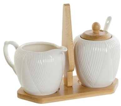 DKD Home Decor Lechera y azucarero Blanco Natural Bambú Porcelana 19,5 x 9 x 17 cm