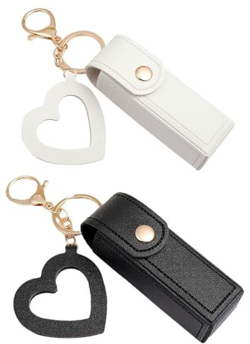 Sarini 2 Lippenstiftboxen mit Spiegel und Schlüsselanhänger, tragbare Lippenbalsam-Tasche für Lipgloss, Lippenstift, Schwarz + Weiß