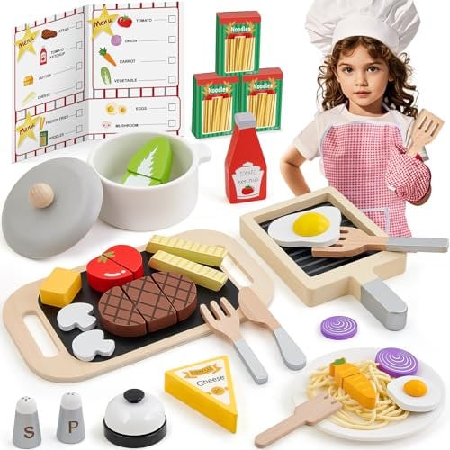 Atoylink Steak Cuisine pour Enfants Jouer Accessoires de Cuisine Bois, Nourriture avec Pâtes Frites, Vaisselle Jouet en Bois pour Enfants Cuisine Jeu de Rôle Cadeau Filles Garçons 3 4 5 6 Ans