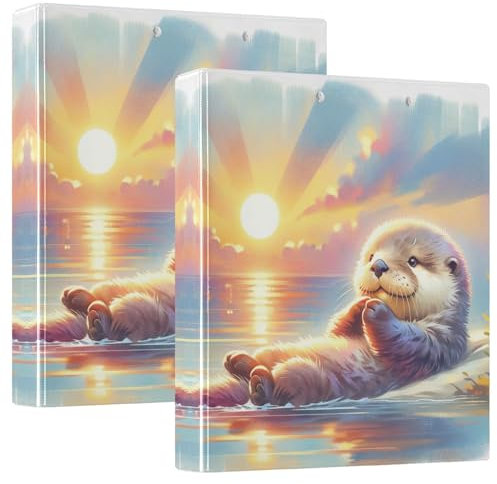 Ringordner mit 3 Ringen, Motiv: süßer Otter Sonnenuntergang, 3,8 cm, mit rutschfestem Metallclip, runde Ringbücher, vielseitige Ordner für Arbeit, Schule, Büro, 2 Stück