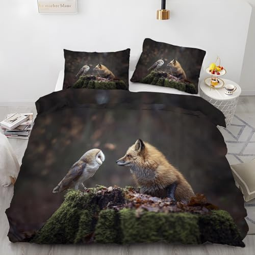 LLSZAHD BettwäSche 135x200 Fuchs Mikrofaser Bettbezug 135 x 200 Set mit 80x80 cm Kissenbezug, BettwäSche-Sets Eule Bügelfrei für Einzelbetten mit ReißVerschluss