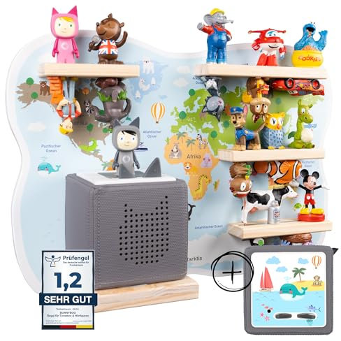 bunnyboo Toniebox Regal - Regal für Toniebox und Figuren - ausreichend Platz für bis zu 32 Tonie Hörfiguren - Tonie Regal Weltkarte Set - geprüfte Qualität - Für Junge und Mädchen