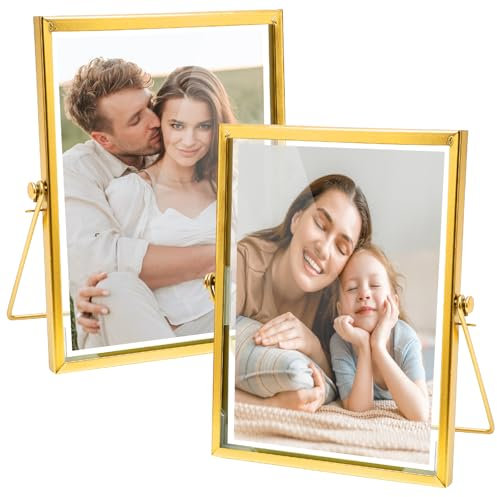 RANJIMA 2Pcs 15x20 cm Bilderrahmen Gold Doppelglas Fotorahmen Glasrahmen für Gepresste Blumen, Metall Desktop Glas Tisch Bilderrahmen Stehend Doppelseitig Fotorahmen Display Fotos,Kunstwerke,Poster