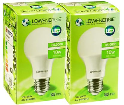 LOWENERGIE LED Light Bulbs 10W Edison Screw E27 Day White 6000K A60 GLS Lamps – Pack of 2 Energy-Saving Everyday Lighting [Energy Class F]