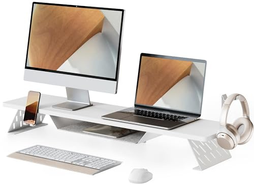 Fenge Supporto per Doppio Monitor con supporto per telefono/auricolare, Organizer Ergonomico per Scrivania per PC, Laptop Stampante, 108xW25xH13,8cm Capacità di carico 30KG (Bianco)
