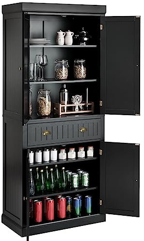 COSTWAY Armoire Chambre 4 Portes avec Grand Tiroir, 4 Étagères Réglables, Buffet Cuisine 183 cm pour Salon, Salle à Manger, Chambre