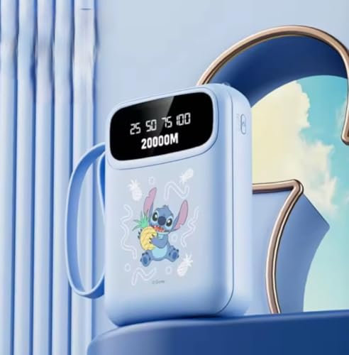 Cute Sti-tch 10000mAh Power Bank with Built-in Cables – Tropical Pineapple Design, LED Digital Display, Multi-Port Fast Charging, LED Flashlight Torch, Compatible with Type-C, Micro and Other Devices