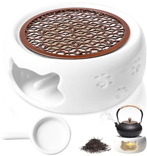 Stövchen Für Teekanne Keramik, Keramik Teekannenwärmer, Teekannenwärmer mit Kerzenhalter, Hohl Geschnitztes Design Kaffeewärmer, Teekannenwärmer Für Kaffee Tee,Weiß (Katzenform)