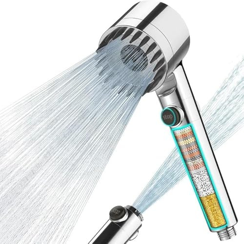 MEKO Hochdruck-Duschkopf mit Filter, 1,5-m-Schlauch und Stoppfunktion | 3+1 Strahlarten, wassersparender Handbrause, reduziert Restchlor, Bakterien und Schwermetalle bei hartem Wasser