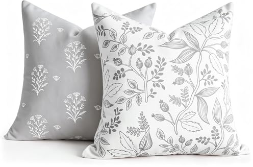 DecorMommt Kissenbezug 45x45 Landhausstil Deko Grau Kissenbezug mit 2 verschiedenen Pflanzen Mustern Boho Couchkissen Saisonnal Kissenbezüge Wohnzimmer Garten Sofa Deko 2er Set