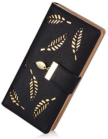 Damen Süß Leder Geldbörse, TMEOG Damen Blatt Bifold Brieftasche Leder Hollow Card Holder Geldbörse Clutch Handtasche (L_Schwarz)