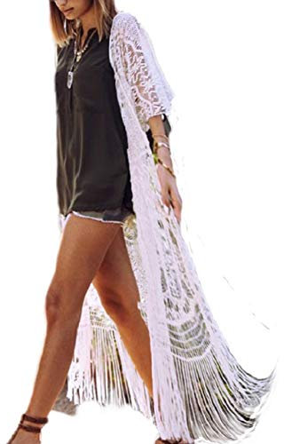 Bsubseach Women's Sexy White 3/4 Sleeve Lace Tassel Fringe Kimono Cardigan Long Swimsuit Bikini Cover Up