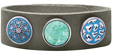 Quiges Damen 18mm Druckknopf Armband aus Leder Grün Grau mit Aqua Blaue Click Buttons 18-20cm