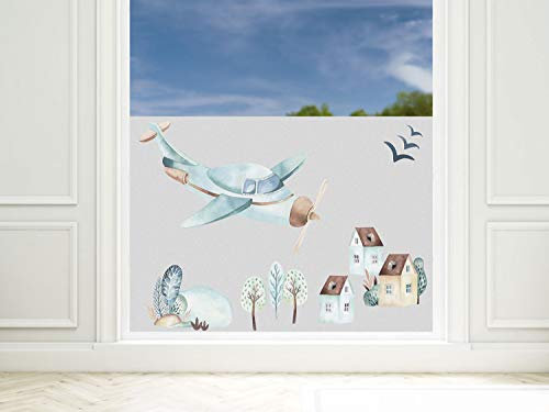 Sichtschutzfolie Kinderzimmer Junge Dinos, Fensterfolie Blickdicht, Milchglasfolie (Flugzeug mit Dorf, 80x57cm)