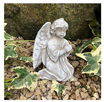 Radami Engel Grabengel oder Kreuz Gedenkstein Grabschmuck Grabdeko Trauerherz für Grabgesteck mit 2 Starren Drähten zum Befestigen oder in die Erde Stecken (Engel grau/weiß Draht)