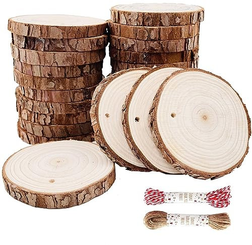 Natur Holzscheiben 25 Stück 8-9 cm Baumscheiben mit Rinde Bastelholz Kit unfertig vorgebohrt mit Loch Holzkreise ideal für Kunst und Handwerk Weihnachten Ornamente DIY Hochzeit Handwer