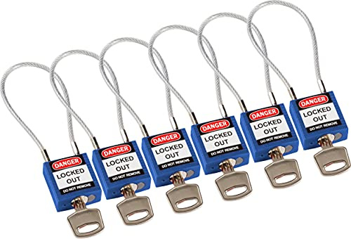 Brady Kompakte Kabel-Vorhängeschlöss 6er-Pack - Lockout Sicherheitsschloss mit Schlüssel - Vorhängeschloss Wetterfest mit langer Bügel - Vorhängeschloss Verschiedenschließend - Kabellänge 200 mm, Blau