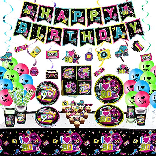 Lilwemen 90s Party Decorations kit, 90’s Party Supplies Including HAPPY BIRTHDAY Banner, Hanging Swirls, Plates, Napkins, Tablecloth, Cups, Tableware, Balloons - Serves 20 Guest