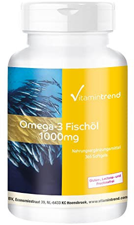 Huile de poisson oméga-3 1000mg - 365 softgels pour 1 an, 18% acide eicosapentaénoïque EPA et 12% acide docosahexaénoïque DHA | Vitamintrend®