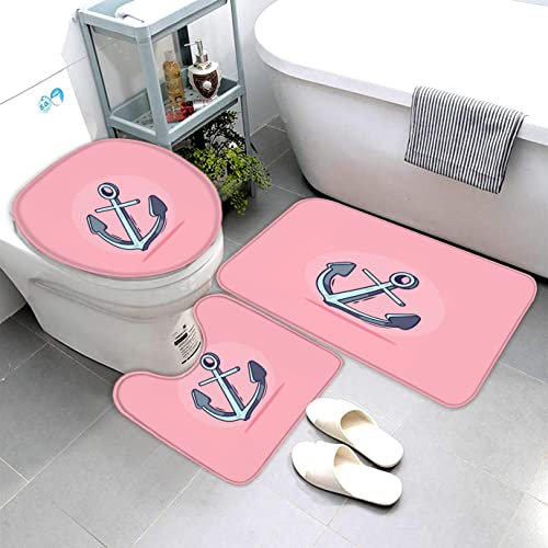AOLIGL Badematte Pink,Anker Badematten Set rutschfest Waschbar Badgarnitur 3teilig - WC Deckelbezug U-förmigen Contour Badezimmerteppich Matte Flauschige Mikrofaser