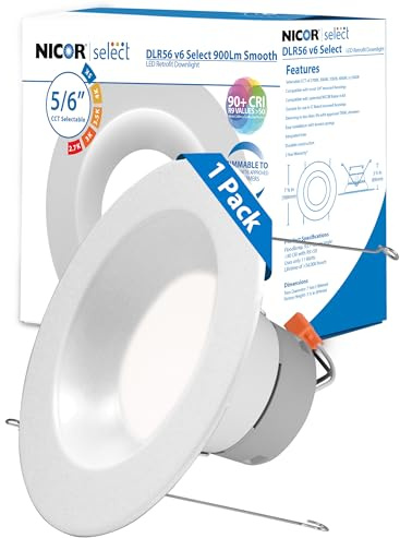Recessed Ceiling Lights LED Downlight - Dimmable 5/6 inch LED Recessed Light Fixtures - Selectable CCT 2700K-5000K, 918 Lumens, 10.3W - DLR56 Retrofit Ceiling Light, White, 1-Pk by NICOR Lighting