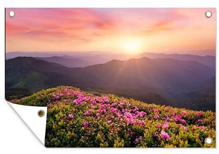 MuchoWow Outdoor-Poster Poster Wanddeko draußen Deko Garten Gartenposter 120x80 cm Blumen - Berg - Sonnenuntergang - Landschaft