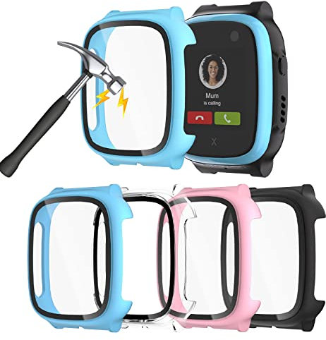 Hülle für XPLORA X5 Play Schutzhülle mit Displayschutz, Haojavo 4 Stück Schutz 360° Rundum Gehäuse Hart und HD Gehärtetes Glas Kratzfest Case für Kinder Uhr, Mädchen Jungen(HellBlau/Klar/Rosa/Schwarz)