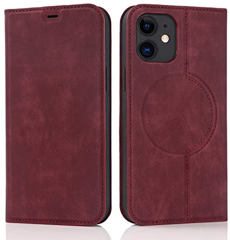 QLTYPRI Wallet Case for iPhone 12/iPhone 12 Pro (6.1 inch) Compatible with Magsafe Charger, Magnetic Flip Folio PU Leather Phone Case with RFID Blocking Card Slots Kickstand Shockproof Cover-Wine Red