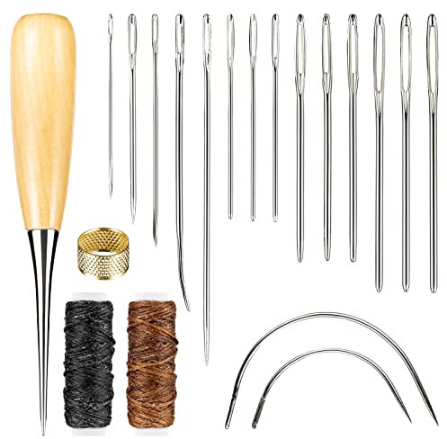 Realure Leather Sewing Set 20Pcs Leather Repair Kit for Sofas Carpet Repair Kit Darning Needles for Wool Shoe Repair Kit Leather Tools Awl Thimble Needle&Waxed Thread for Leather Repair (20Pcs)