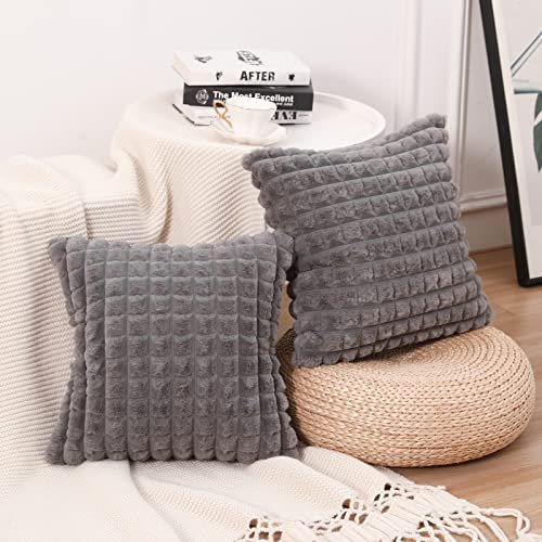 Mandioo 2er Set Super Soft Plüsch Faux Pelz Dekokissen Kissenbezüge 45x45 cm Grau, Plaid Textur Moderne Luxus Kissenbezug Sofakissen Dekorativ Couchkissen Kissenhülle für Sofa Couch Wohnzimmer