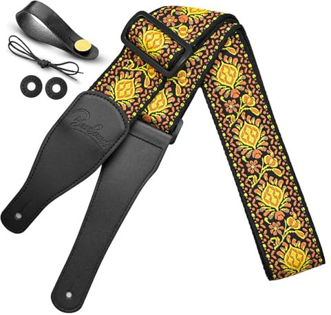Guitar Strap, Jacquard Embroidered Cotton Straps with Leather Ends Shoulder Strap for Bass, Acoustic, Electric Guitar (Jacquard Yellow)