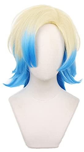 Servelove Cosplay-Perücke für Anime, Gelb und Blau, kurz, Unisex, Kostüm-Perücke, Ausstellung, Halloween, Weihnachten, Party