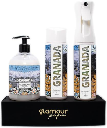 GLAMOUR PARFUM - Pack Ambientador Textil + Recambio 300 ml + Jabón de Manos 500 ml - Ambientador Hogar Granada - Aroma Floral y Amaderado - para Pulverizar en la Cama o en Cortinas