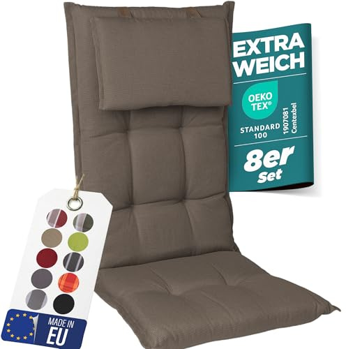 gardisun Gartenstuhlauflagen Hochlehner mit Kopfteil I Extra Dicke Sitzauflagen I Made in EU I Polsterauflagen für Hochlehner I Auflagen mit extra hoher Lichtechtheit I 8er Set I Taupe