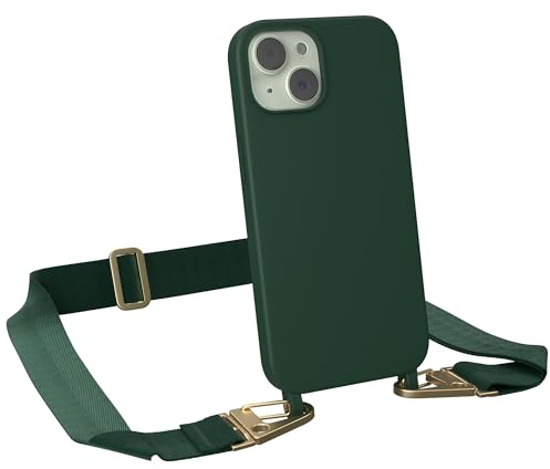 EAZY CASE - Hülle mit Band kompatibel mit iPhone 15 Handyhülle mit Umhängeband Silikonhülle Schwarz Handykette zum Umhängen Handykordel Schutzhülle für Smartphone in Pinien Grün - Clips Gold