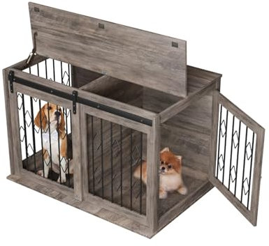 39 inch large Wooden Indoor Dog Kennel W/Sliding Barn Door, Divider Room