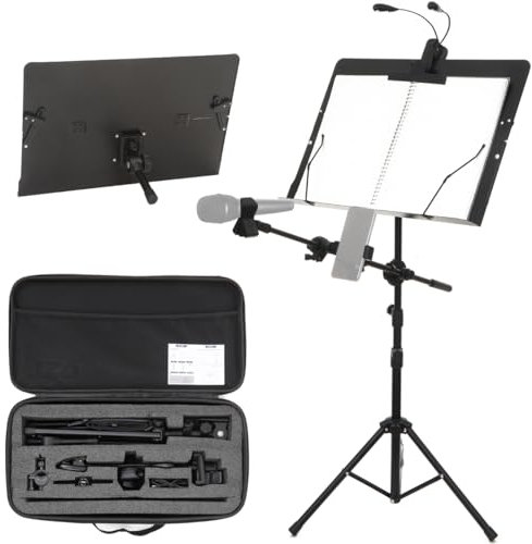 DSL Music Stand with Light- Full Metal Music Stands for Sheet with Carry Case, Adjustable Tripod Base, Sheet Music Clip, Mobile Phone Clip and Microphone Clip - Foldable Sheet Music Stand
