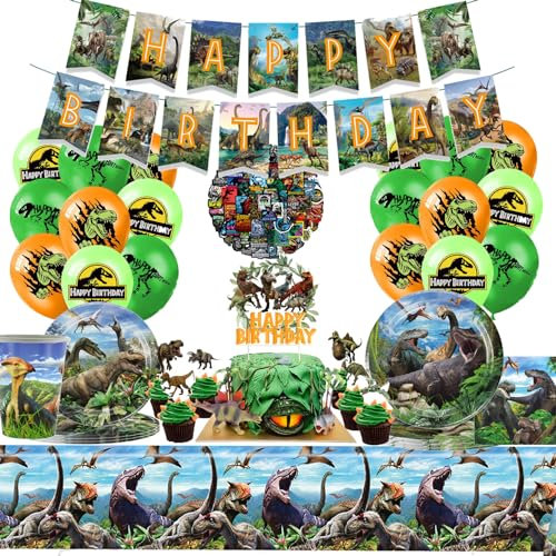 Stoviglie Compleanno Dinosauro,Palloncini Dino Compleanno,Set Palloncini Dinosauro Stoviglie,Bandiera Piatti e Bicchieri per Feste