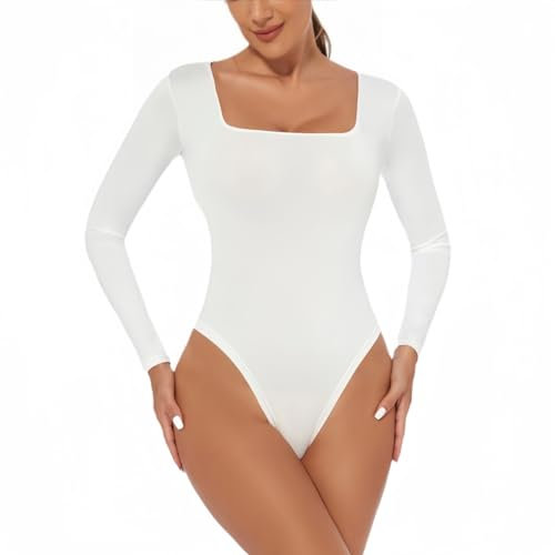 SamHeng Women's Long Sleeve Bodysuit Sexy Square Neck Casual Leotard Tops Thong Stretchy Basic Body Suit Slim Fit Jumpsuit Clubwear Underwear(White/M)