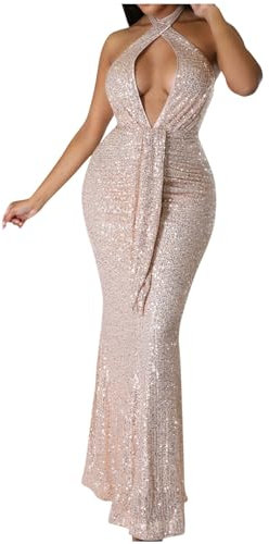 Sequins Dress for Women UK Criss Cross Sexy Bodycon Elegant Halter Neck Bridesmaid Dress Sparkly Glitter Party Evening Prom Dresses Bandage Prom Ball Gowns Mermaid Wrap Maxi Dress Rose Gold