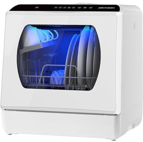 AIRMSEN Mini Table Top Dishwasher, 6 Programs Countertop Dishwasher, 5L Water Tank, 2 Ways Water Supply, Touch Control & LED Display, Ideal for Home Kitchens, Apartments, Dorms, Pure White