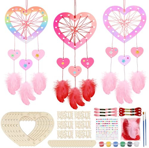 MONCAP 6 Stück Herzförmiger Geschenk Traumfänger Basteln Mutter Bastelset Kinder Herz Kreativsets Holz Traumfänger zum Bemalen mit 2 Pinsel Kreativ DIY Geschenke Muttertag von Tochter Sohn