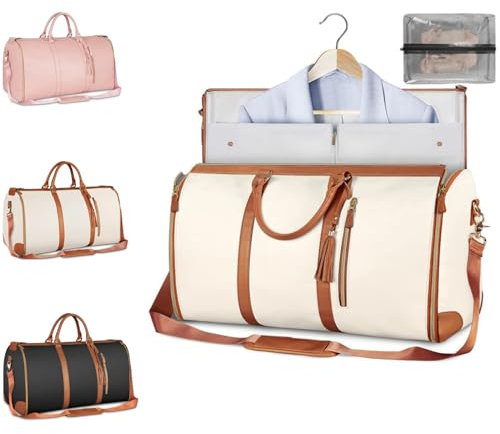 Vielseitige Faltbare Gepäcktasche für Kleidung, Handgepäck-Kleidertasche, 2-in-1-Hängekoffer-Anzugtasche, große Wochenend-Reisetasche (Beige)