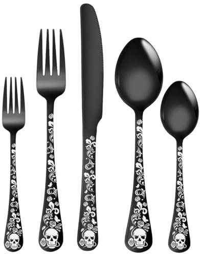 XIAOYU Ensemble d'argenterie à motif de crâne 5 pièces, ensemble de couverts en acier inoxydable, motif gothique unique de squelette et de fleurs, parfait pour Halloween, Pâques et Noël, Noir