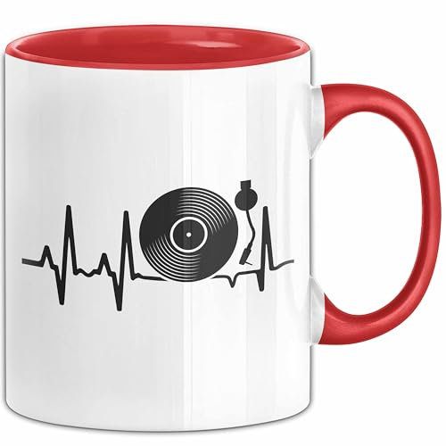 Vinyl Herzschlag Tasse Geschenk Platten-Spieler Liebhaber Vintage Retro Musik DJ Geschenk (Rot)