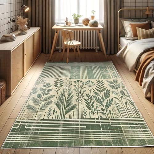 ABAKUHAUS Blätterdesign Dekorativer Teppich, Boho Kunst Dschungelblätter, Hochwertiger Flächenteppich für Schlafzimmer und Wohnzimmer, 157x229 cm, Laurel Grün