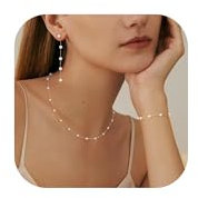 LOLIAS Pearl Necklace for Women Pearl Earrings Bracelet Jewellery Set 14K Gold Plated Pearl Jewelry Set Adjustable Pearl Choker Necklace Bracelet Pearl Drop Earrings Dainty Wedding Jewellery Sets